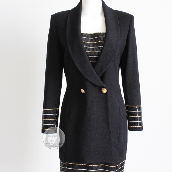 St John Evening Suit Jacket Skirt 2pc Set Embellished Knit Black Gold White Sz 6 - Picture 3 of 11